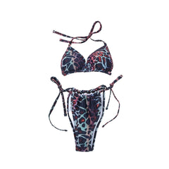 Leopard print contrast self tie halter backless ruched bikini swimwear