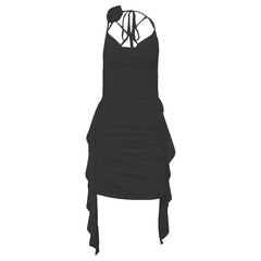 Cowl neck flower applique ruched backless solid mini dress-final-sale