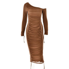 Long sleeve one shoulder ruched stitch mesh midi dress-final-sale