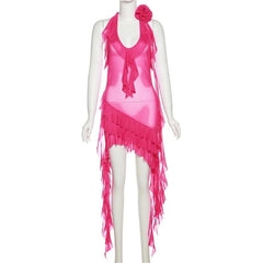 See through halter sheer mesh ruffle flower applique mini dress-final-sale