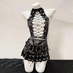 Hollow out metal chain crewneck lace cut out top