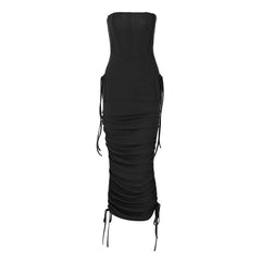 Ruched backless solid drawstring tube midi dress-final-sale