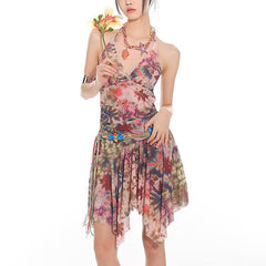 Halter self tie ruched print mesh v neck mini dress