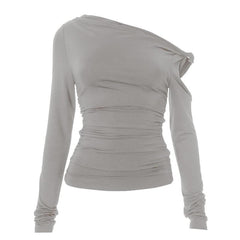 Irregular long sleeve hollow out ruched one shoulder cut out top