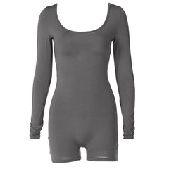 Long sleeve u neck lace up backless solid romper-final-sale