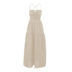 Drawstring ruched cross back backless cami maxi dress