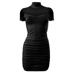 High neck short sleeve mesh patchwork ruched solid mini dress-final-sale