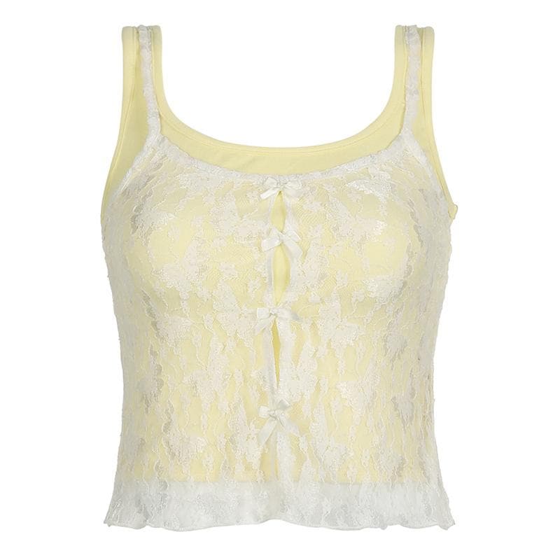 Lace bowknot hollow out u neck 2 piece tank cut out top