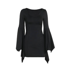 Ruched long flared sleeve v neck solid mini dress
