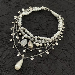 Layered faux pearl pendant choker necklace