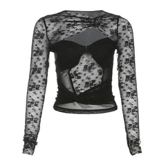 Long sleeve hollow out ruched lace cut out top