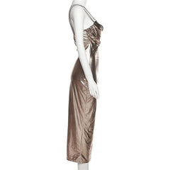 Metallic ruched backless patchwork solid midi dress- Final Sale
