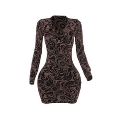 Long sleeve v neck hollow out ripple print cut out mini dress