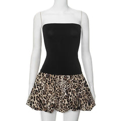 Leopard print patchwork ruched tube mini dress-final-sale