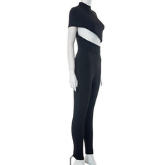 Hollow out irregular long sleeve high neck solid jumpsuit-final-sale