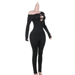 Irregular long sleeve hollow out gloves jumpsuit