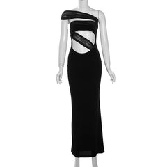 One shoulder irregular hollow out velvet mesh cut out maxi dress