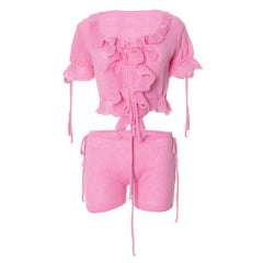 Short sleeve ruffle knitted drawstring ruched pant set-final-sale