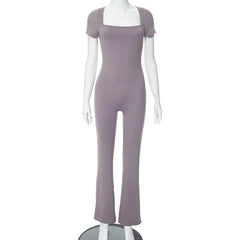 Short sleeve square neck zip-up solid jumpsuit