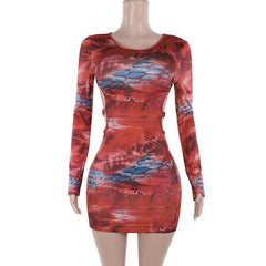 Long sleeve o ring cross front abstract mini dress