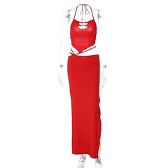 Hollow out metal tag halter self tie backless slit maxi skirt set-final-sale