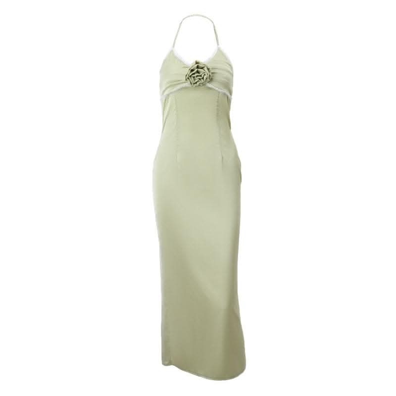 Flower applique zip-up halter ruched slit solid midi dress-final-sale