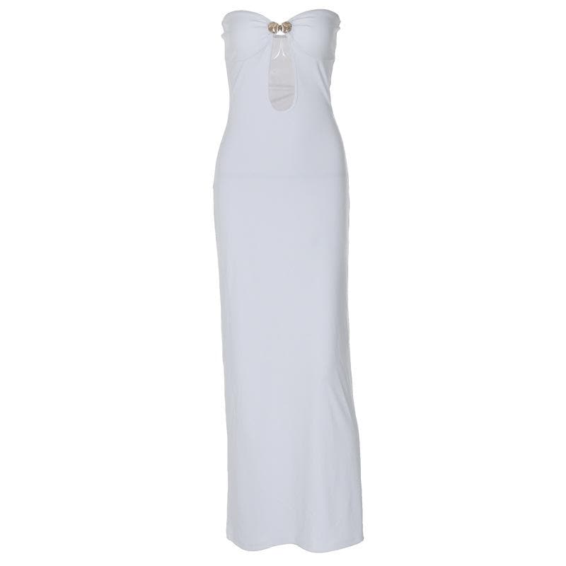 Sweetheart neck shell metal tag button hollow out tube cut out maxi dress