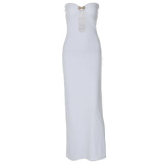 Sweetheart neck shell metal tag button hollow out tube cut out maxi dress