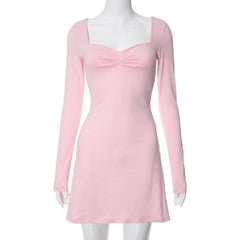 Square neck solid ruched long sleeve mini dress-final-sale