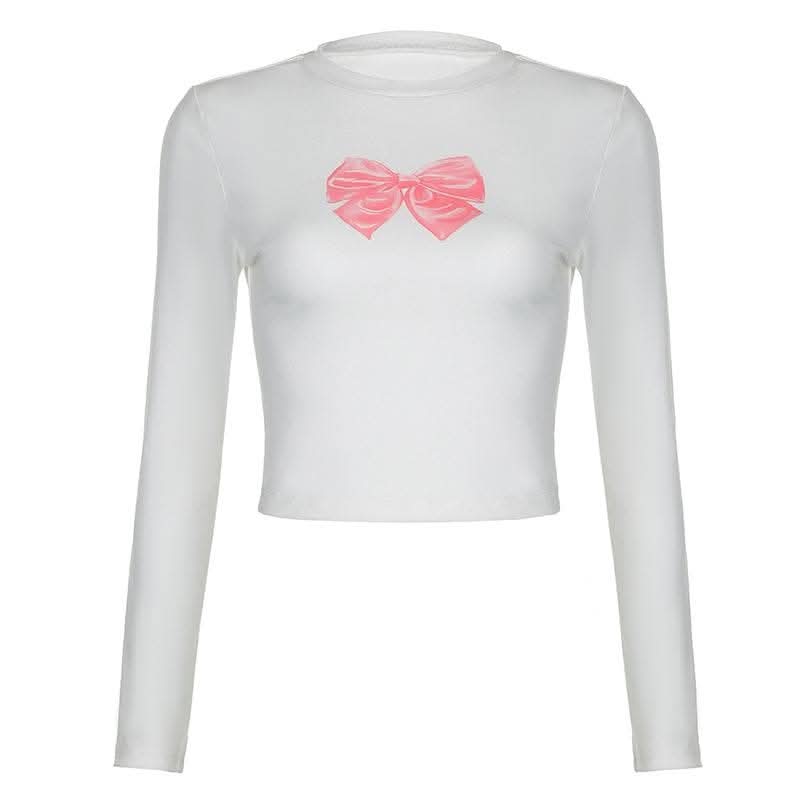 Bowknot pattern contrast long sleeve crewneck top-final-sale