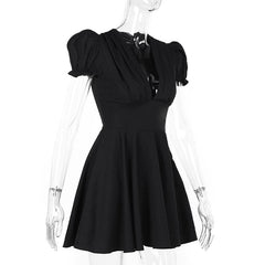 Short puff sleeve ruffle v neck self tie mini dress