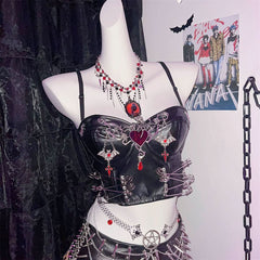 PU leather heart applique v neck backless cami top