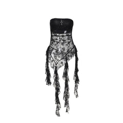 Lace cross applique irregular tube mini dress