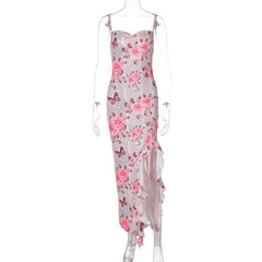 Cowl neck ruffle slit butterfly print cami maxi dress