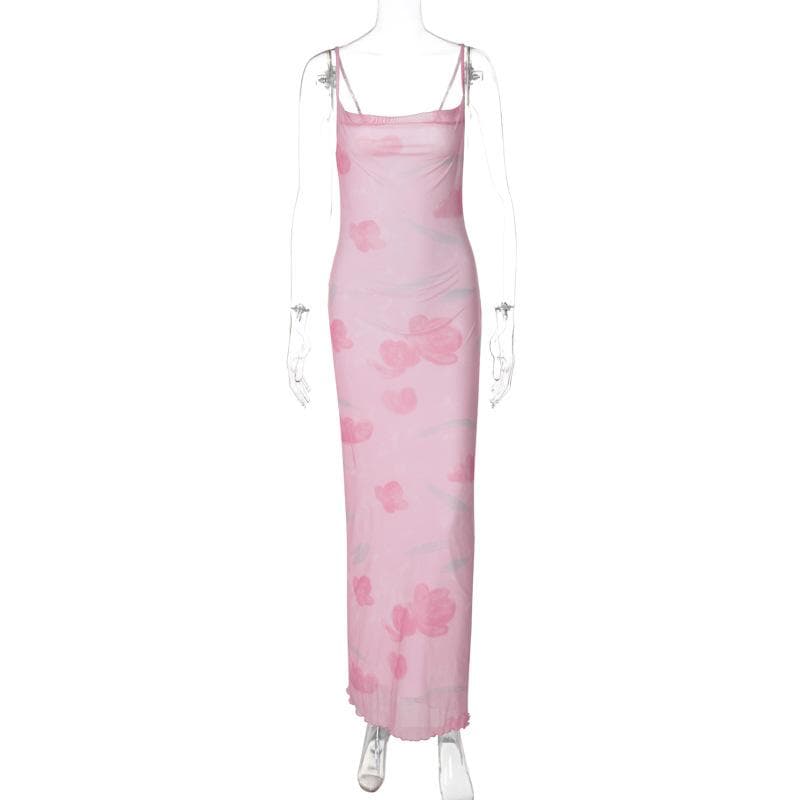 Print mesh knotted backless cami maxi dress