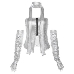 Metallic gloves zip-up tube top