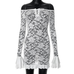 Long flared sleeve lace up lace see through mini dress-final-sale