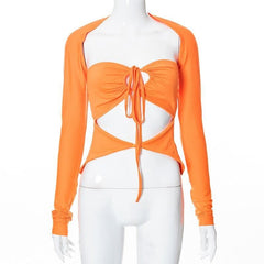 Drawstring hollow out button solid 2 piece shrug tube cut out top-final-sale