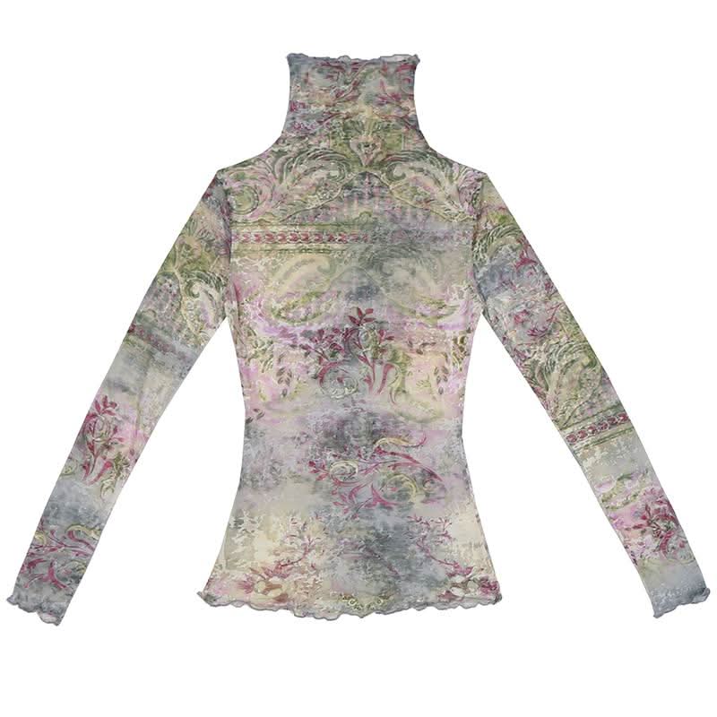 High neck long sleeve print ruffle contrast top
