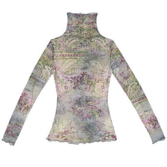 High neck long sleeve print ruffle contrast top