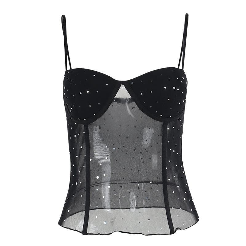 Sweetheart neck ruffle glitter backless stitch mesh cami top