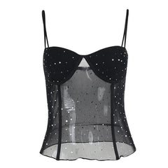 Sweetheart neck ruffle glitter backless stitch mesh cami top