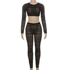 Long sleeve hollow out crewneck medium rise pant set
