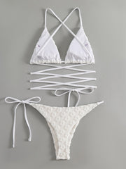 Flower textured solid cross back self tie bikini swimwear
