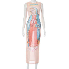 Sheer mesh see through sleeveless abstract contrast maxi dress-final-sale