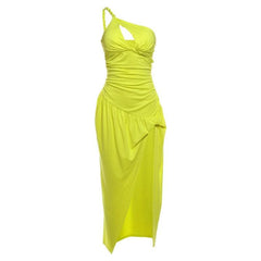One shoulder slit ruched hollow out cut out midi dress-final-sale