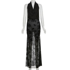 Cowl neck halter flower pattern mesh maxi dress