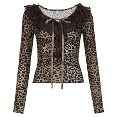 Long sleeve ruffle leopard print bowknot ribbon top