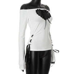 Hollow out long sleeve off shoulder self tie cut out top