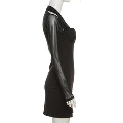 Long sleeve halter mesh patchwork solid mini dress-final-sale